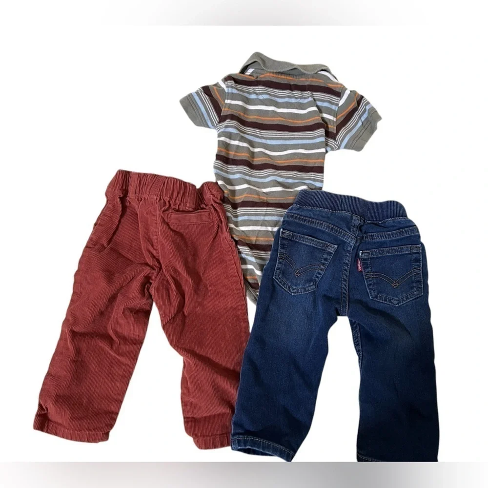 3 item set - Striped Polo Onesie, Reddish brown corduroy pants, Levi’s blue pant